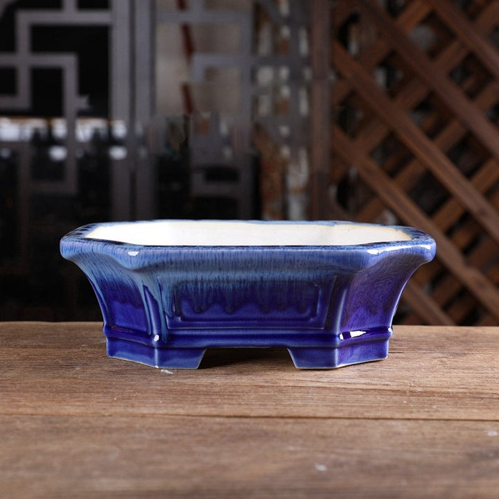 8.6 inch (22cm) Corner-Cut Flared Rectangular Glazed Traditional Bonsai Pots Blue Multi-Tone Color