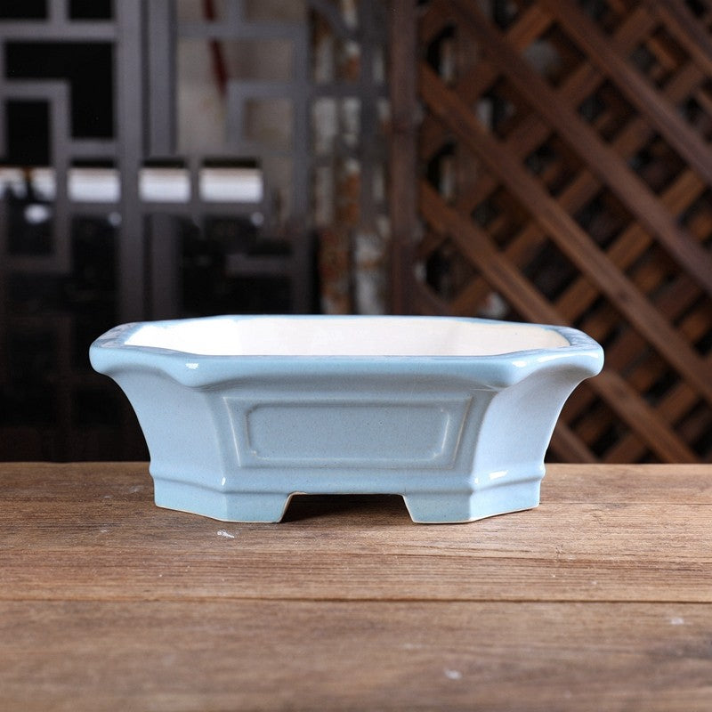 8.6 inch (22cm) Corner-Cut Flared Rectangular Glazed Traditional Bonsai Pots Sky Blue Color