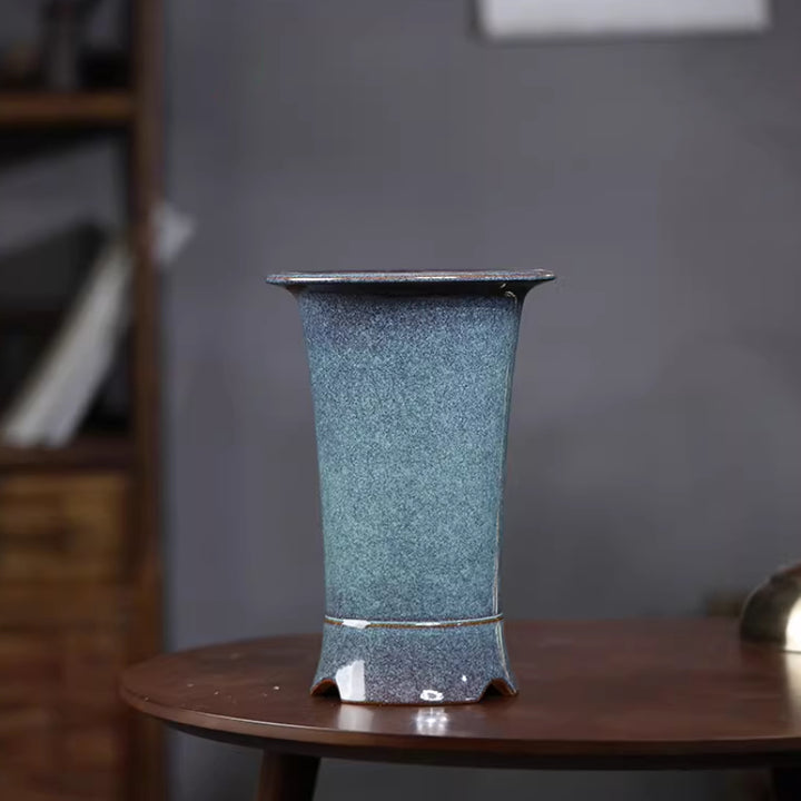 8.6 inch (22cm) Deep Round Blue Glazed Handmade Cascade Bonsai Pot