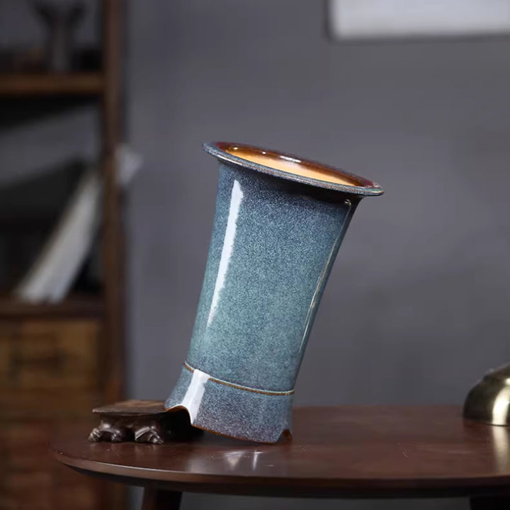 8.6 inch (22cm) Deep Round Blue Glazed Handmade Cascade Bonsai Pot Corner View