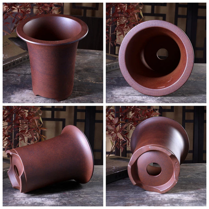 8.6 inch (22cm) Deep Round Wood-Fired Unglazed Traditional Cascade Bonsai Pot Multi Angle View