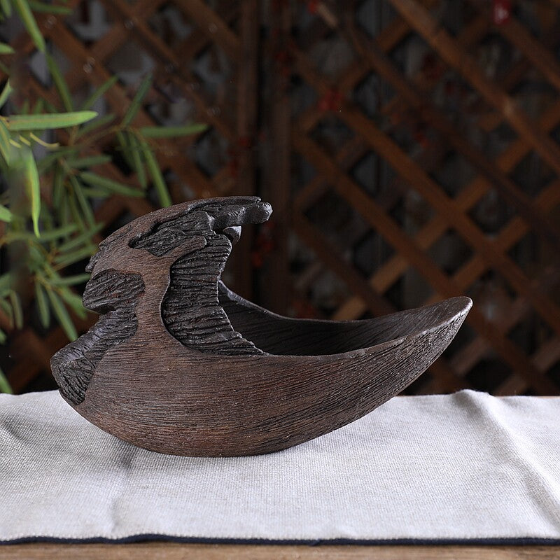 8.6 inch (22cm) Large Wavy Crescent-Form Wodd-Style Ceramic Semi Cascade Bonsai Pot