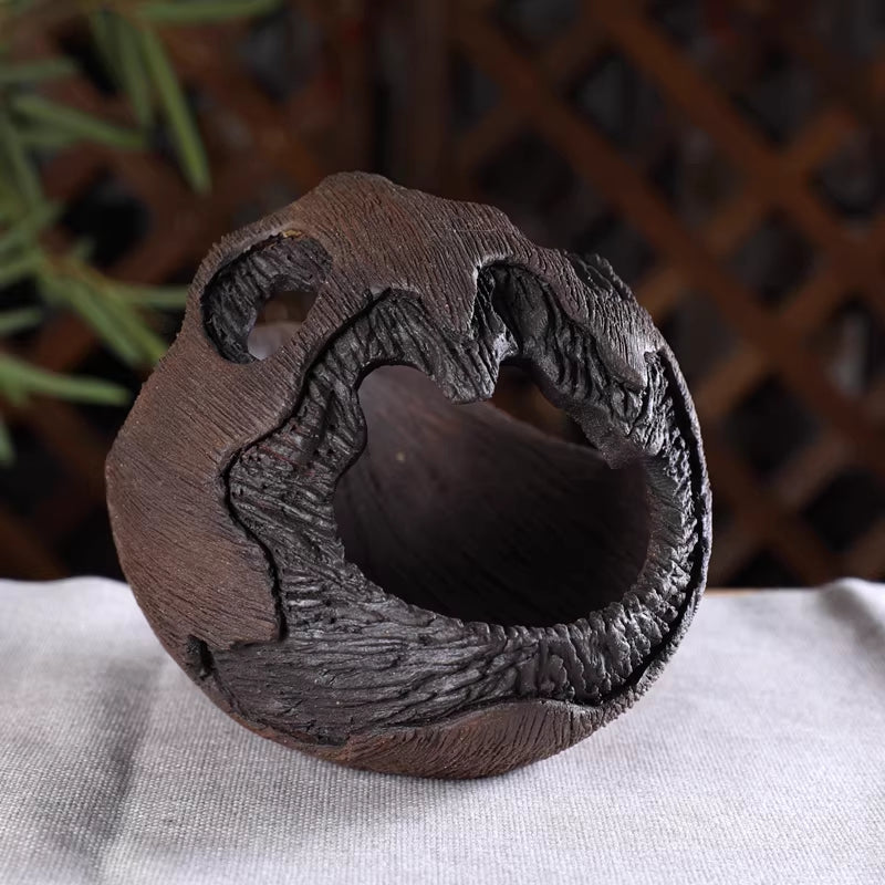 8.6 inch (22cm) Large Wavy Crescent-Form Wodd-Style Ceramic Semi Cascade Bonsai Pot Back View