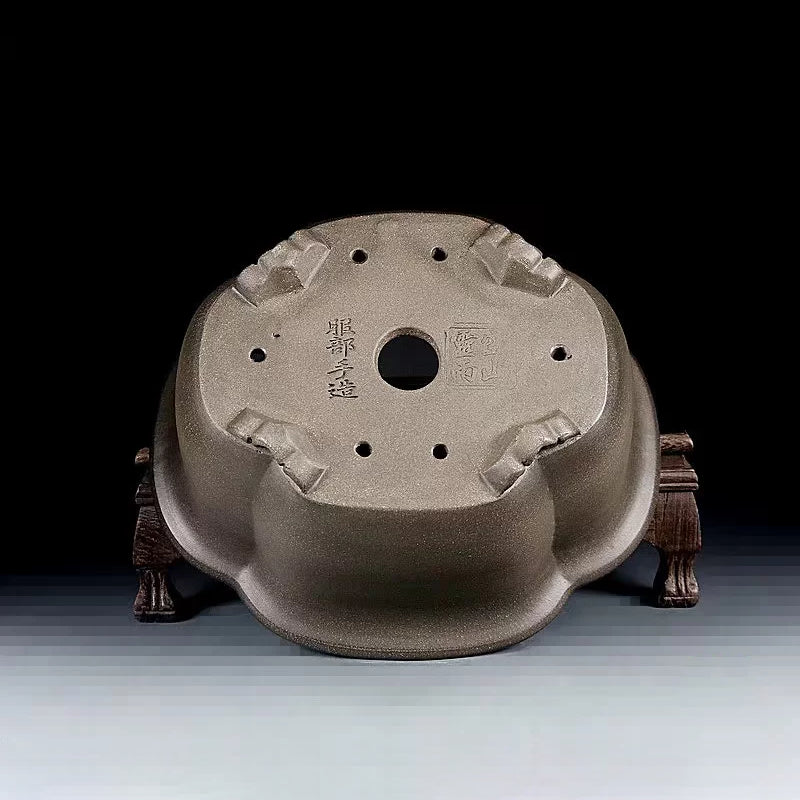 8.6 inch (22cm) Medium-Sized Lotus-Shaped Beige Unglazed Premium Deep Bonsai Pot Bottom View