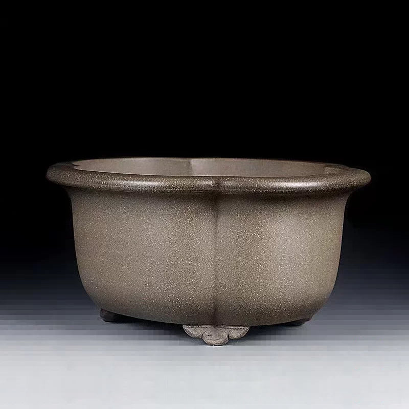 8.6 inch (22cm) Medium-Sized Lotus-Shaped Beige Unglazed Premium Deep Bonsai Pot Corner View