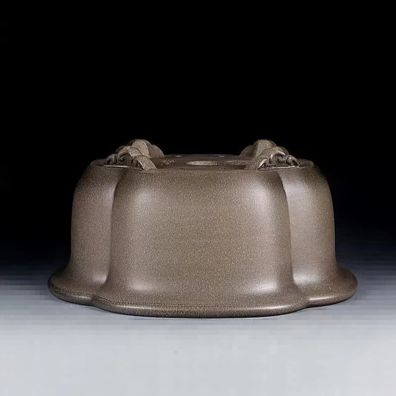 8.6 inch (22cm) Medium-Sized Lotus-Shaped Beige Unglazed Premium Deep Bonsai Pot Upside Down View