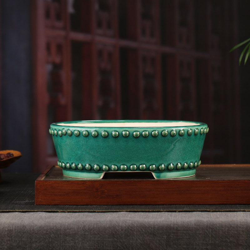 8.6 inch (22cm) Medium-Sized Oval Studded Green Glazed Traditional Bonsai Pot