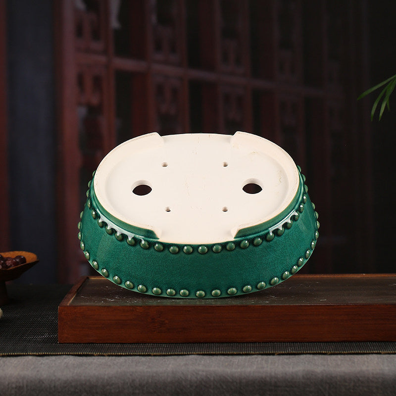 8.6 inch (22cm) Medium-Sized Oval Studded Green Glazed Traditional Bonsai Pot Bottom View