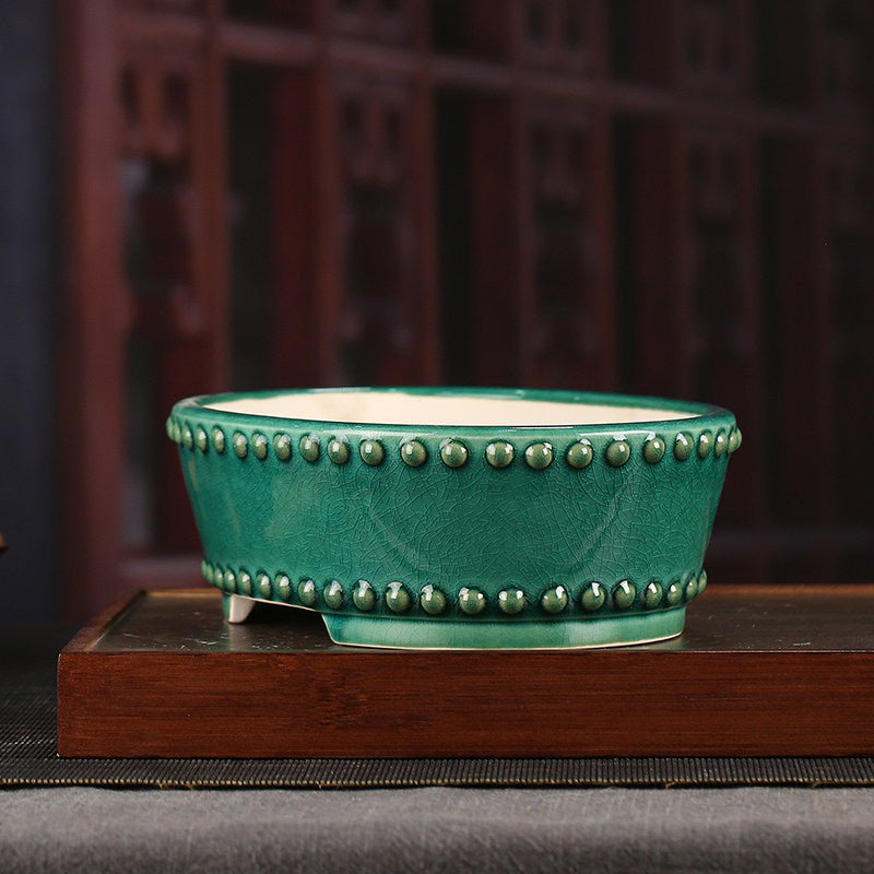 8.6 inch (22cm) Medium-Sized Oval Studded Green Glazed Traditional Bonsai Pot Corner View
