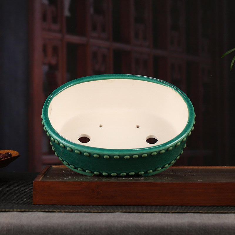 8.6 inch (22cm) Medium-Sized Oval Studded Green Glazed Traditional Bonsai Pot Inner View