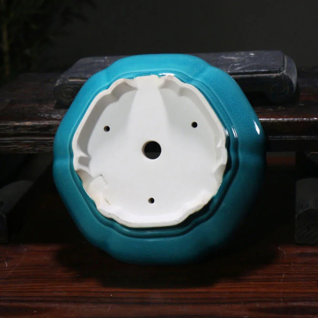 8.6 inch (22cm) Round Cracked-Glazed Bonsai Pots w Curved Lip & Elevated Base Bottom View