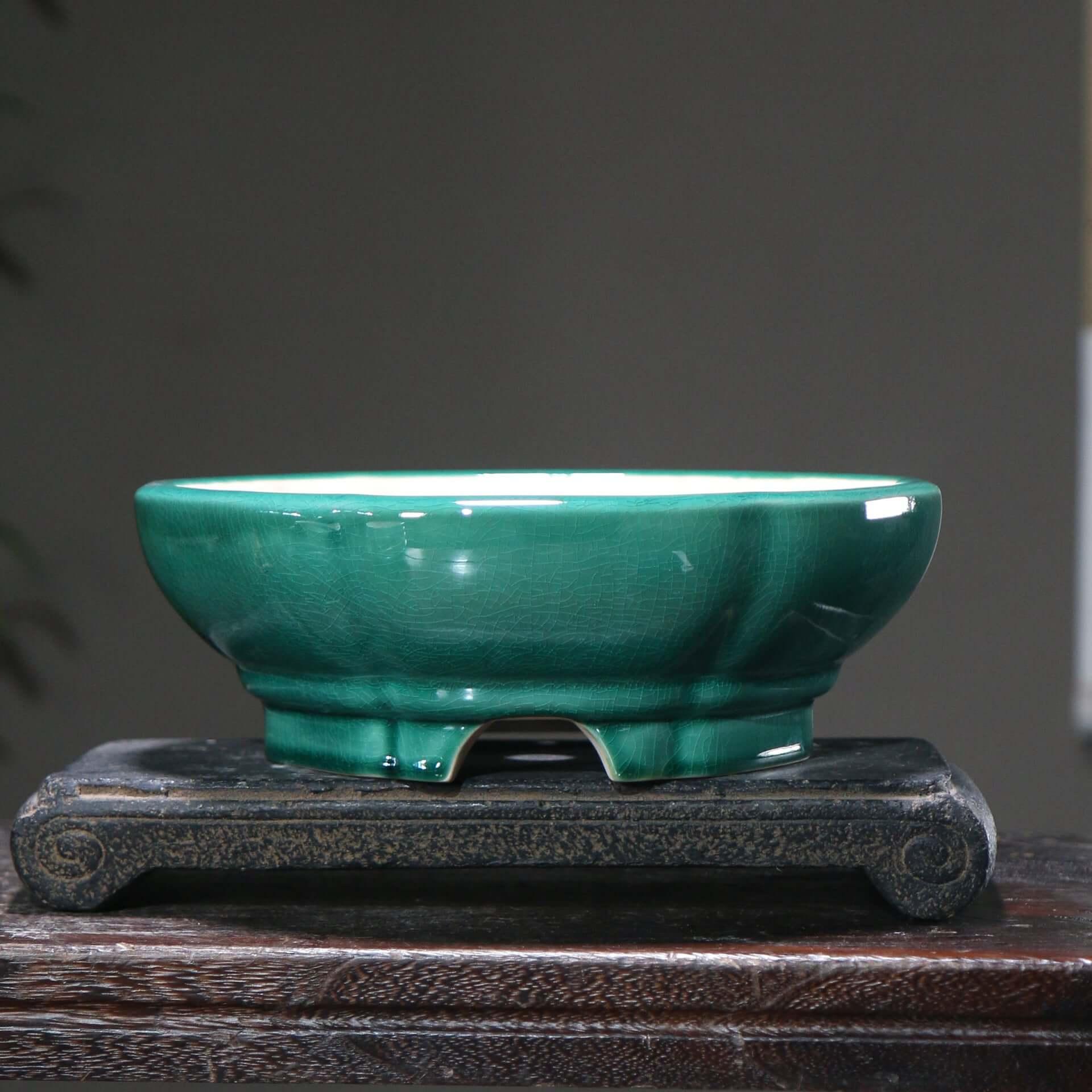 8.6 inch (22cm) Round Cracked-Glazed Bonsai Pots w Curved Lip & Elevated Base Green Color
