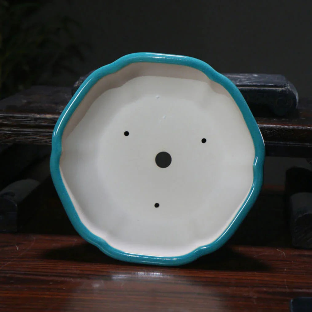 8.6 inch (22cm) Round Cracked-Glazed Bonsai Pots w Curved Lip & Elevated Base Inner View