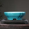 8.6 inch (22cm) Round Cracked-Glazed Bonsai Pots w Curved Lip & Elevated Base Peacock Blue Color