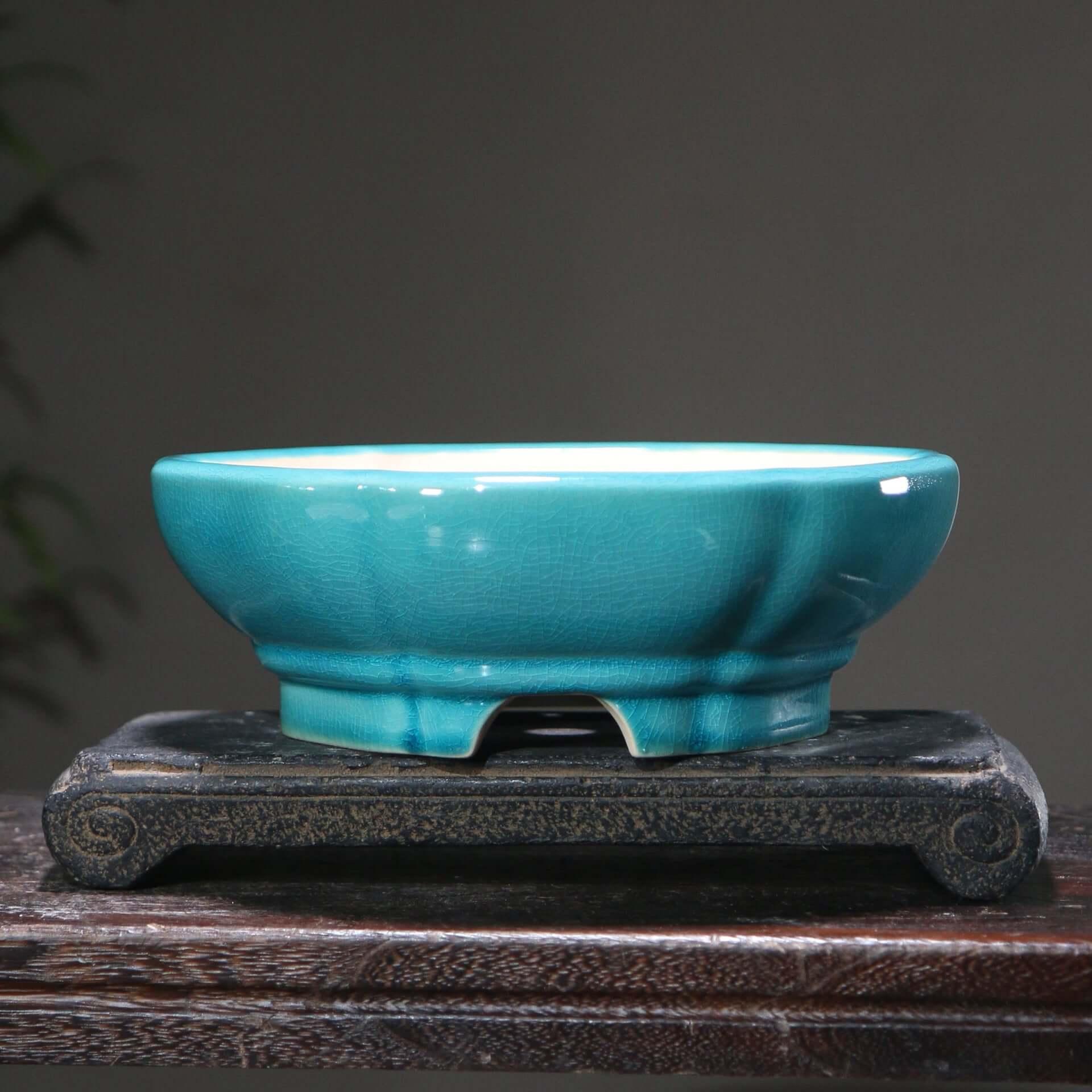 8.6 inch (22cm) Round Cracked-Glazed Bonsai Pots w Curved Lip & Elevated Base Peacock Blue Color