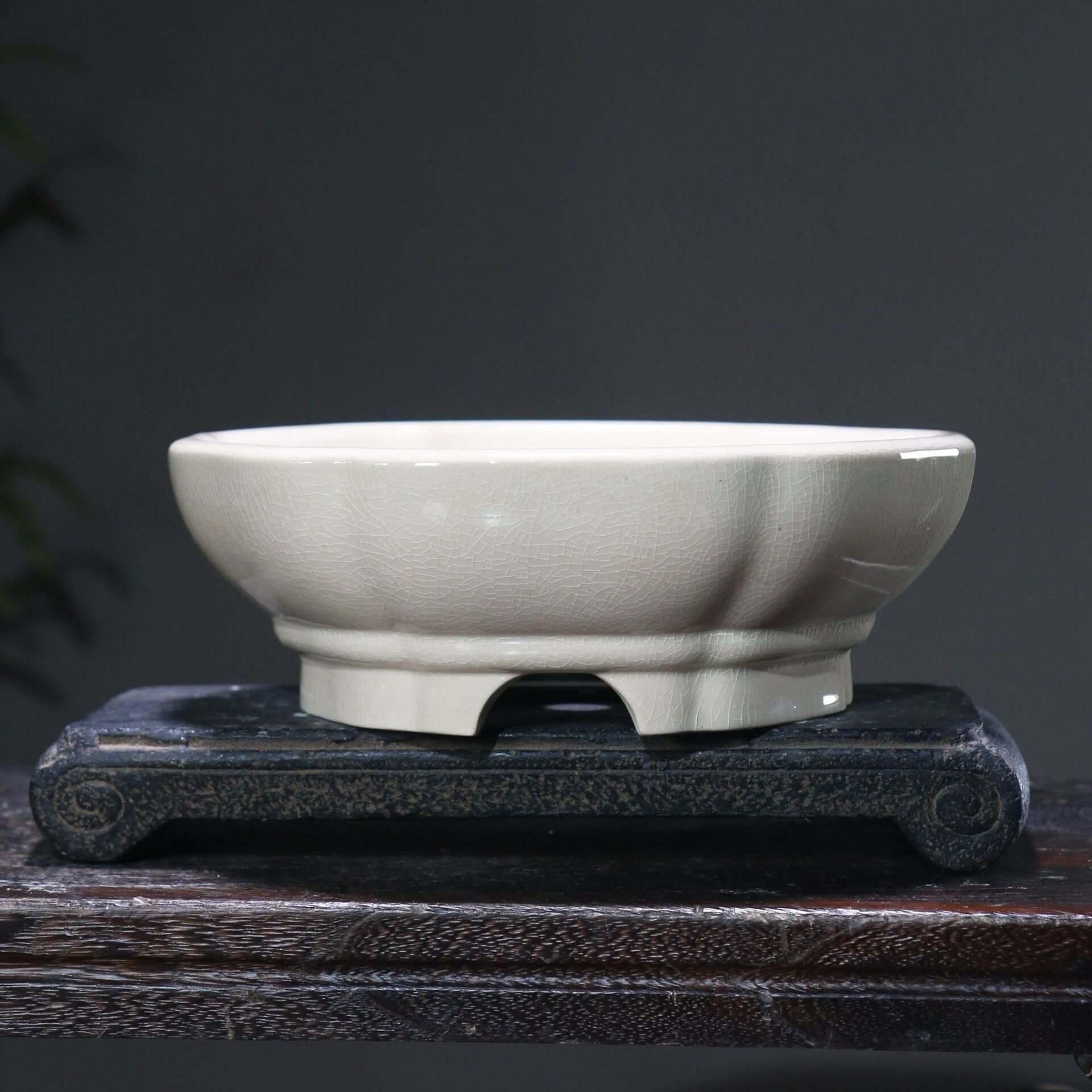 8.6 inch (22cm) Round Cracked-Glazed Bonsai Pots w Curved Lip & Elevated Base White Color