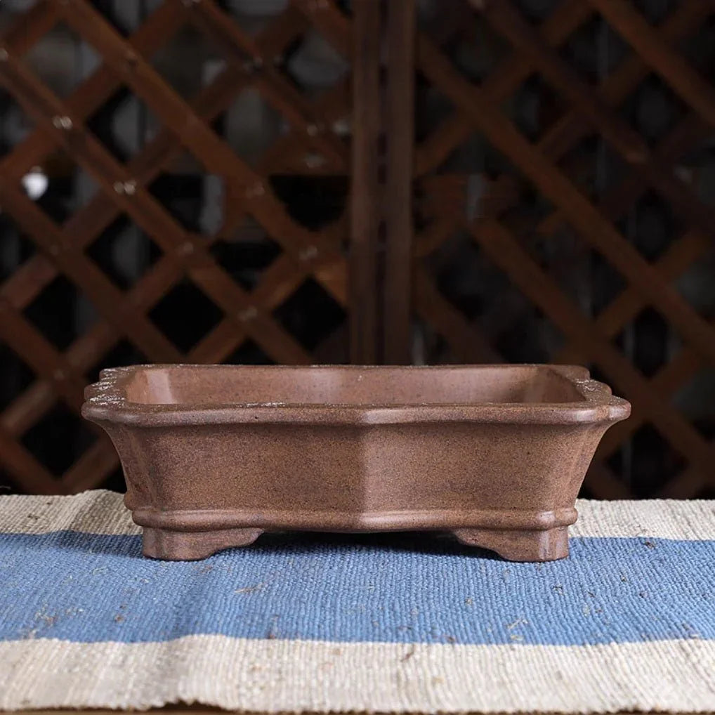 8.8" (22.5cm) Rectangle Firewood-Fired Bonsai Pot w Flowing Edge Design