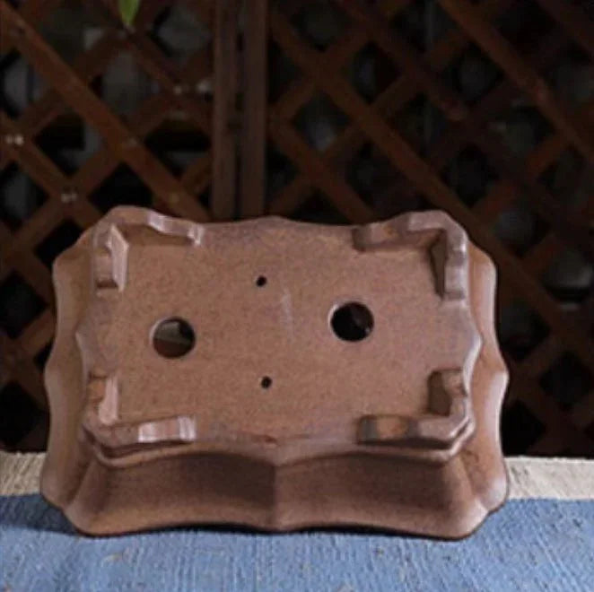 8.8" (22.5cm) Rectangle Firewood-Fired Bonsai Pot w Flowing Edge Design Bottom View