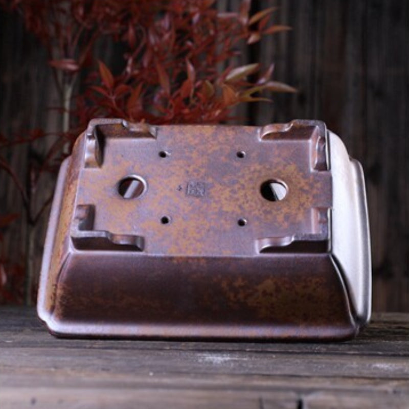 8.8 Inch (22.5cm) Large-Sized Rectangular Corner-Cut Unglazed Wood-Fired Bonsai Pot Bottom View