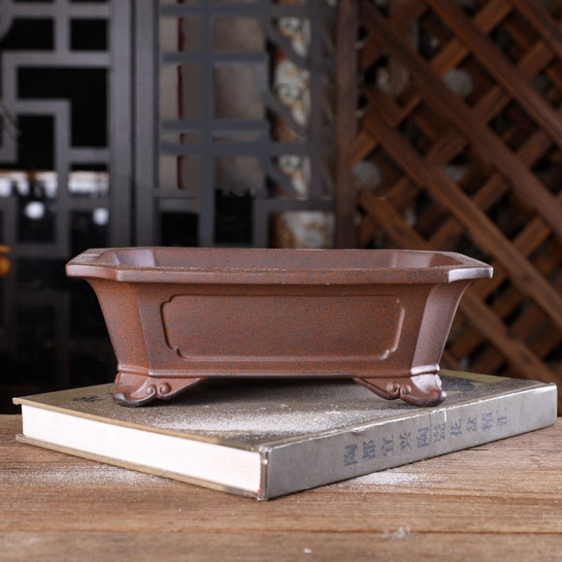 8.8 Inch (22.5cm) Flared Corner-Cut Rectangular Wood-Fired Unglazed Bonsai Pot w Cloud Feet