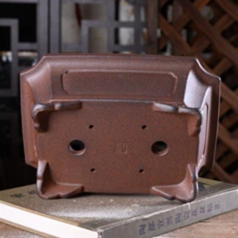 8.8 Inch (22.5cm) Flared Corner-Cut Rectangular Wood-Fired Unglazed Bonsai Pot w Cloud Feet Bottom View