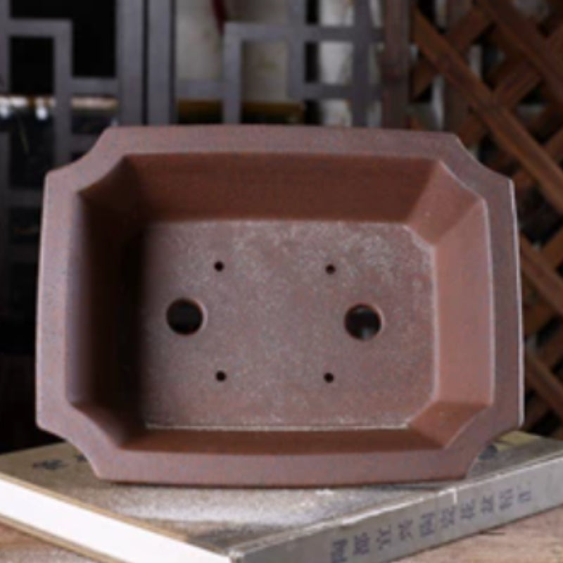 8.8 Inch (22.5cm) Flared Corner-Cut Rectangular Wood-Fired Unglazed Bonsai Pot w Cloud Feet Inner View