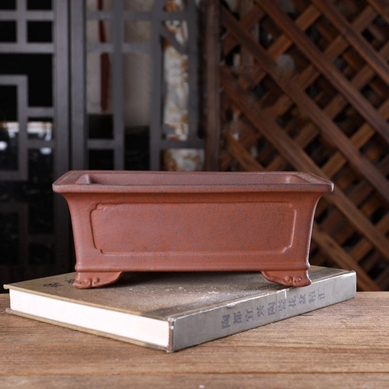 8.8 Inch (22.5cm) Rectangular Wood-Fired Unglazed Deep Bonsai Pot with Cloud Feet