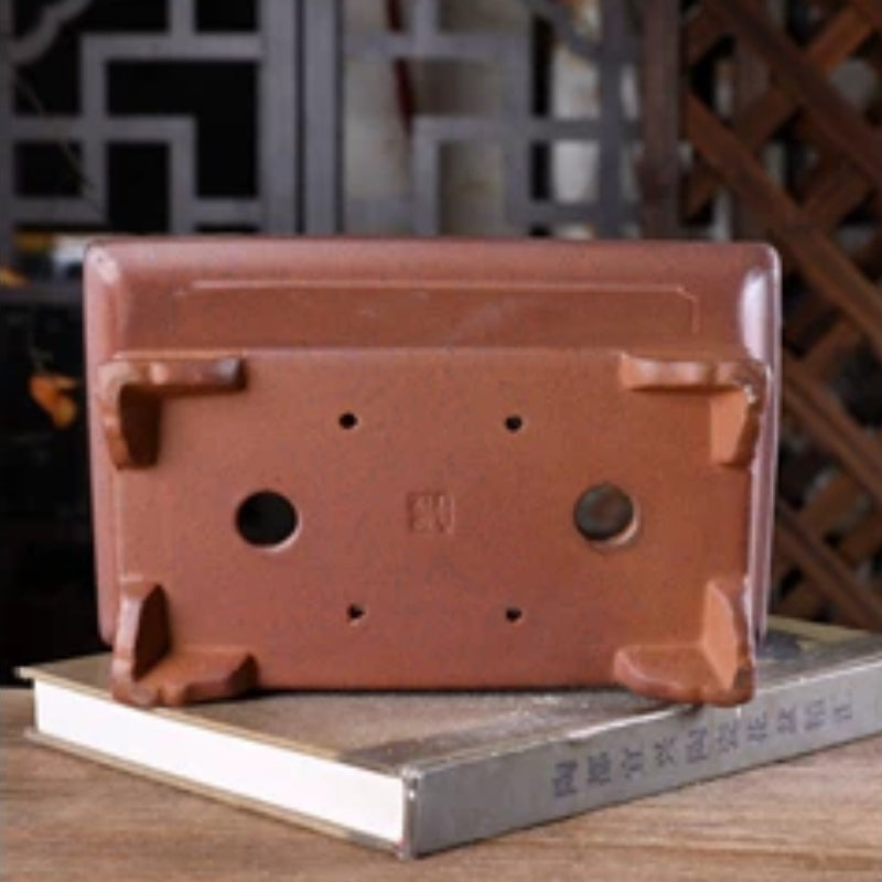 8.8 Inch (22.5cm) Rectangular Wood-Fired Unglazed Deep Bonsai Pot with Cloud Feet Bottom View
