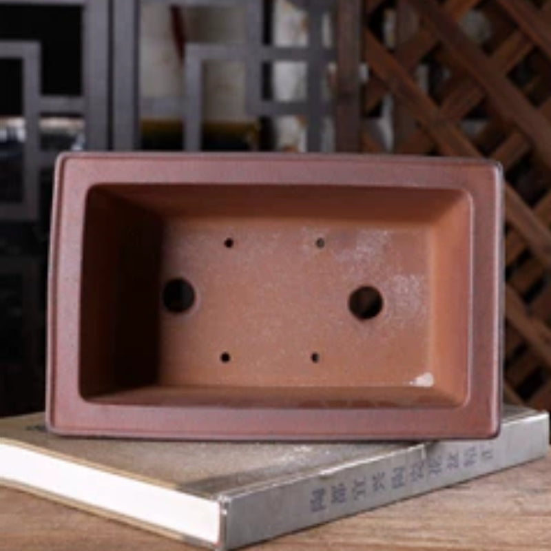 8.8 Inch (22.5cm) Rectangular Wood-Fired Unglazed Deep Bonsai Pot with Cloud Feet Inner View
