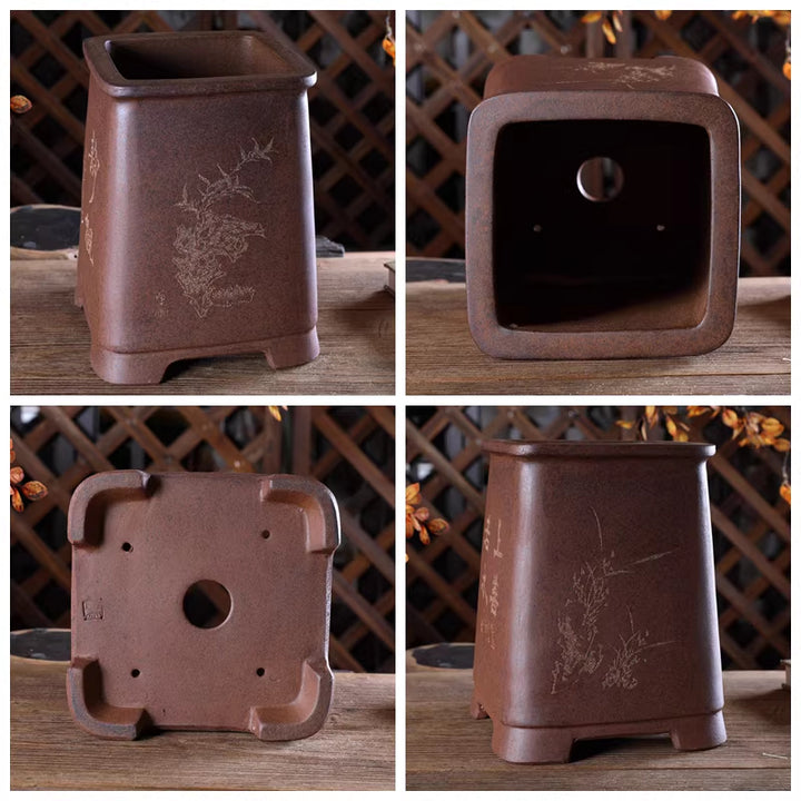 8.8 inch (22.5cm) Deep Square Unglazed Speckled Finish Ceramic Cascade Bonsai Pot Multi-Angle View