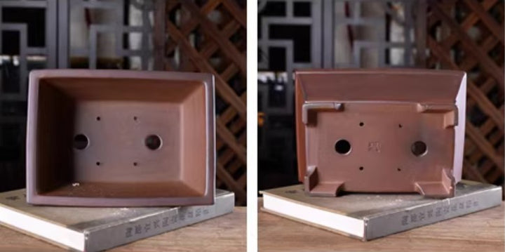 8.8 inch (22.5cm) Flared Rectangular Wood-Fired Classic Unglazed Bonsai Pot Inner & Bottom View
