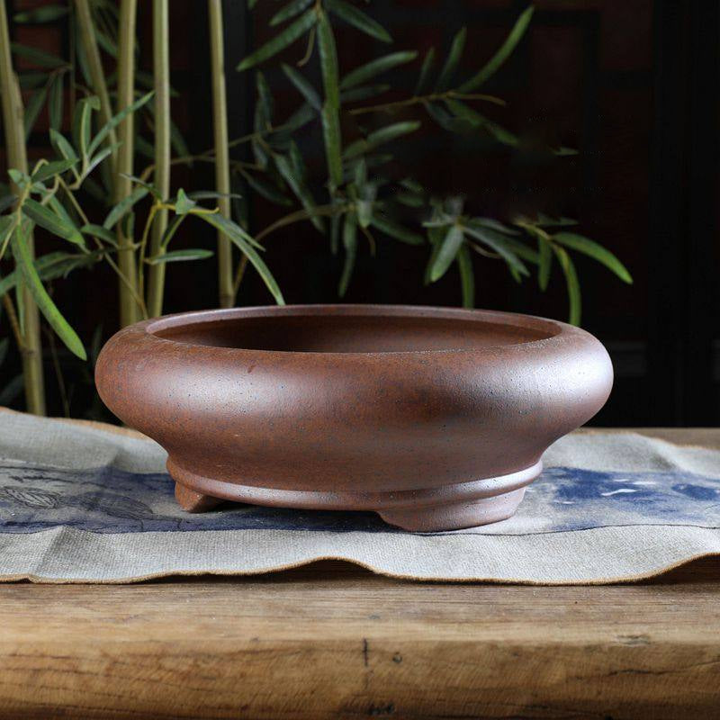 8.8 inch (22.5cm) Round Large Bellied Wood-Fired Speckled Finish Unglazed Bonsai Pot