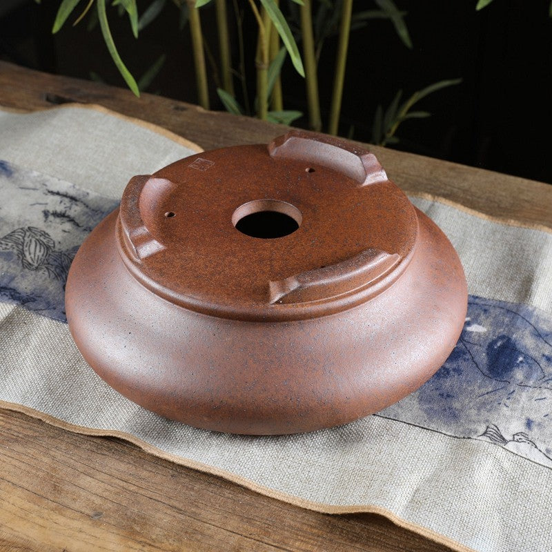 8.8 inch (22.5cm) Round Large Bellied Wood-Fired Speckled Finish Unglazed Bonsai Pot Bottom View