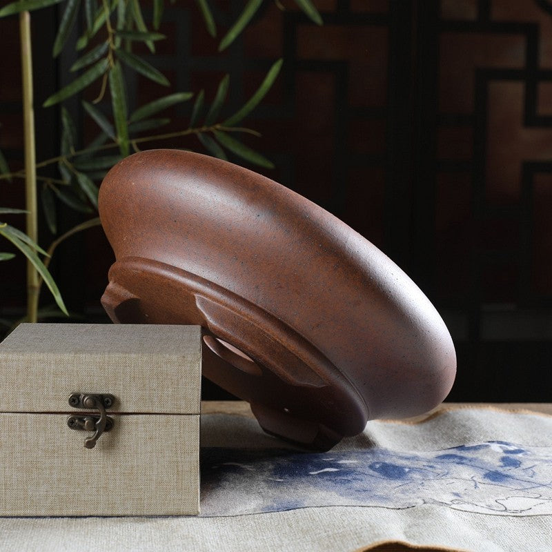 8.8 inch (22.5cm) Round Large Bellied Wood-Fired Speckled Finish Unglazed Bonsai Pot Side View