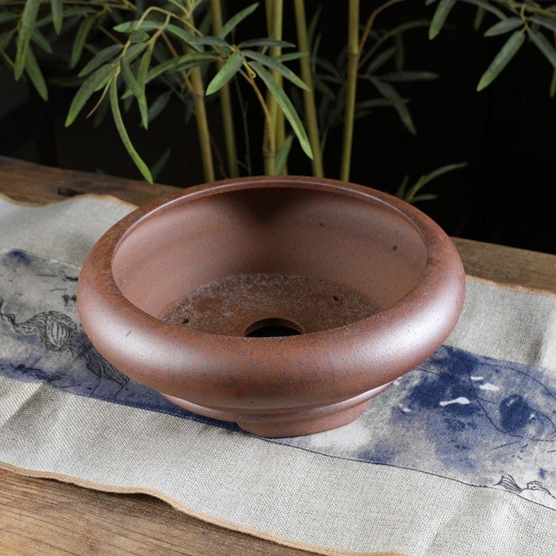 8.8 inch (22.5cm) Round Large Bellied Wood-Fired Speckled Finish Unglazed Bonsai Pot Top View