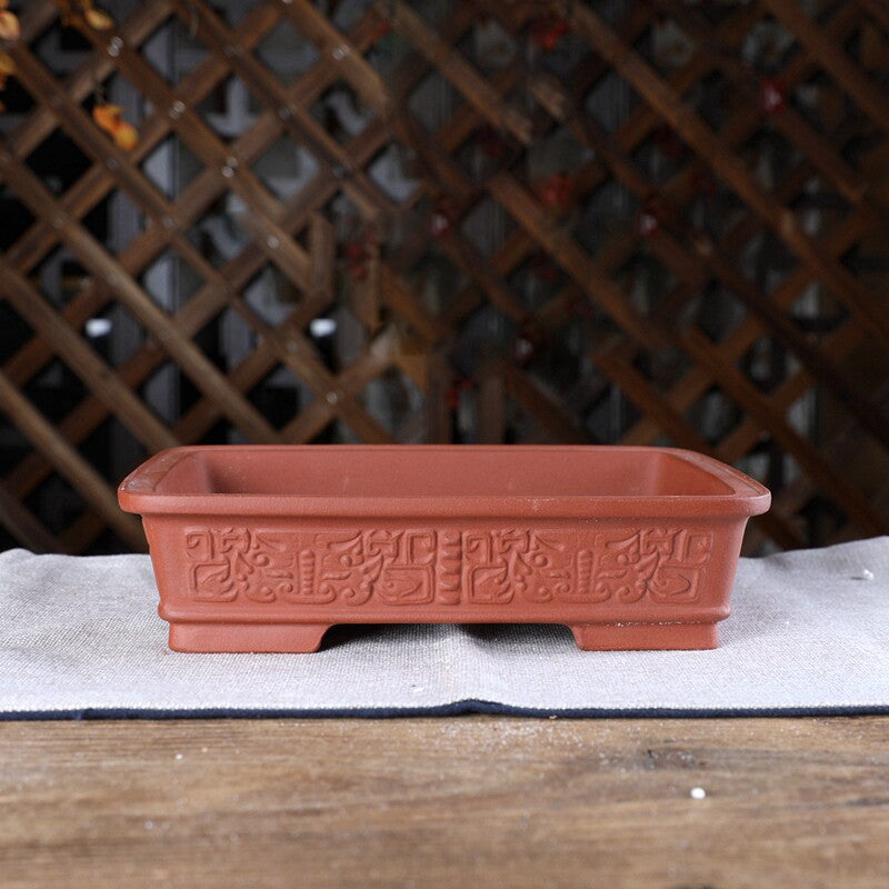 8.8 inch (22.5cm) Traditional Rectangular Unglazed Bonsai Pot with Raised Motif