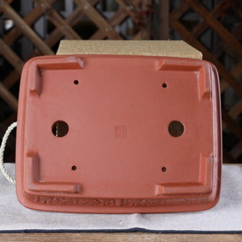 8.8 inch (22.5cm) Traditional Rectangular Unglazed Bonsai Pot with Raised Motif Bottom View