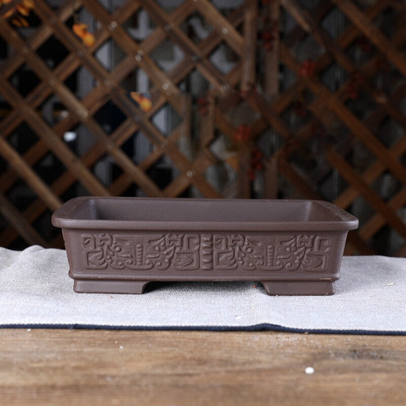 8.8 inch (22.5cm) Traditional Rectangular Unglazed Bonsai Pot with Raised Motif Brown Color