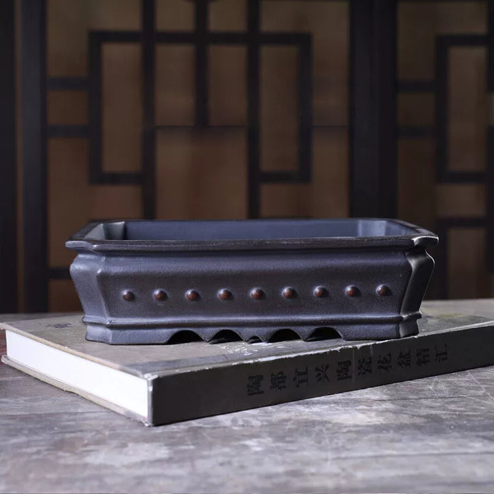 8.8 inch (22cm) Rectangular Corner-Cut Antique-Style Studded Unglazed Bonsai Pot