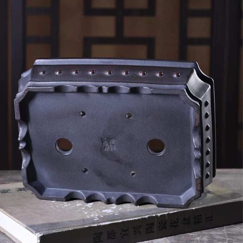 8.8 inch (22cm) Rectangular Corner-Cut Antique-Style Studded Unglazed Bonsai Pot Bottom View