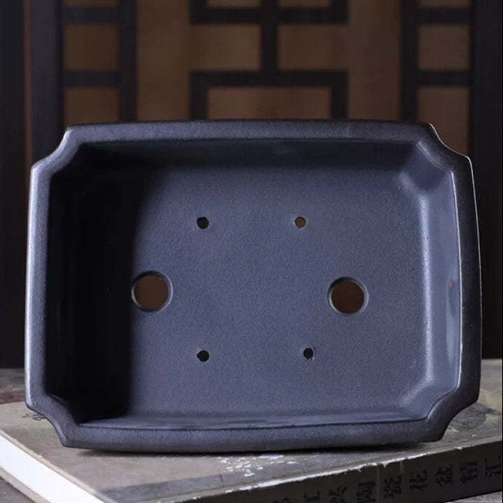 8.8 inch (22cm) Rectangular Corner-Cut Antique-Style Studded Unglazed Bonsai Pot Inner View