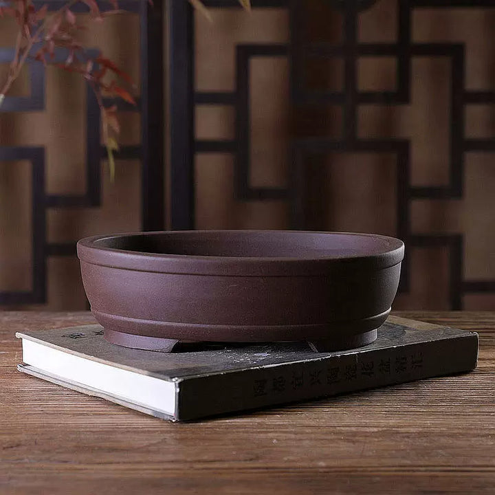 8.9 inch (22.8cm) Medium-Sized Traditional Oval Unglazed Bonsai Pot w Raised Bands