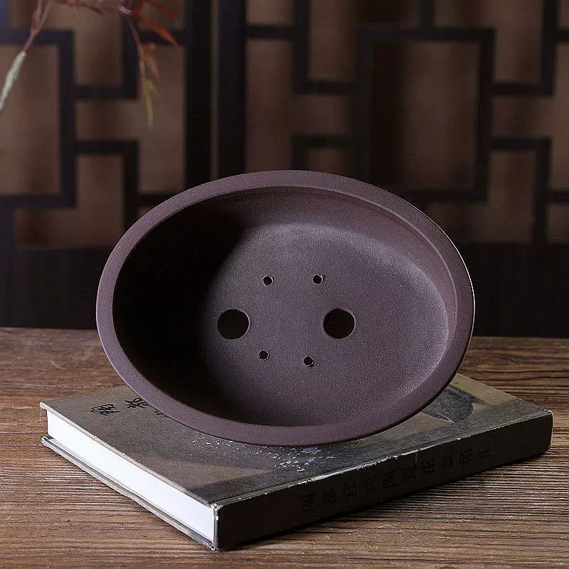 8.9 inch (22.8cm) Medium-Sized Traditional Oval Unglazed Bonsai Pot w Raised Bands Inner View