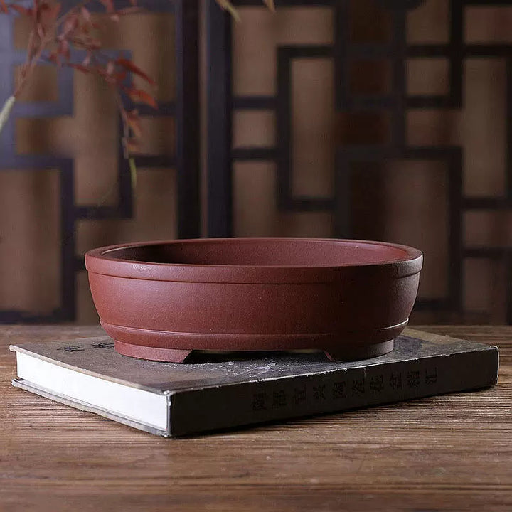8.9 inch (22.8cm) Medium-Sized Traditional Oval Unglazed Bonsai Pot w Raised Bands Reddish Brown Color