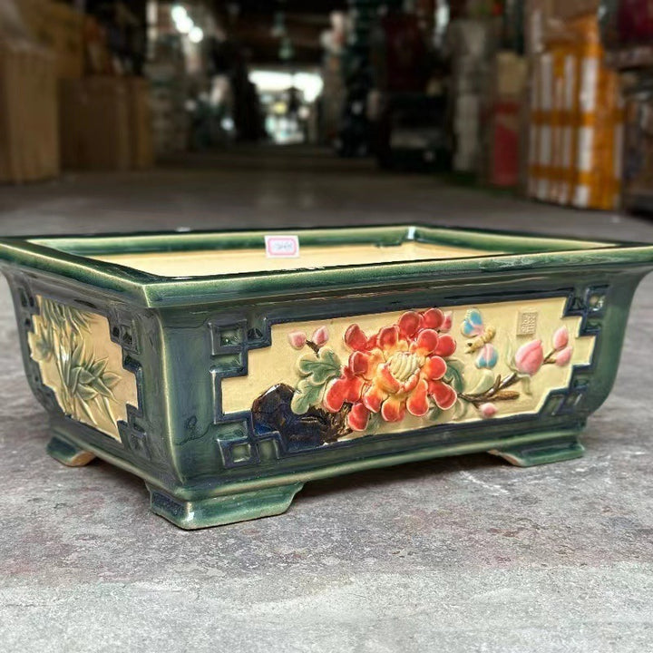 11" (28cm) Large Rectangular Decorative Bonsai Pot w Raised Floral Design