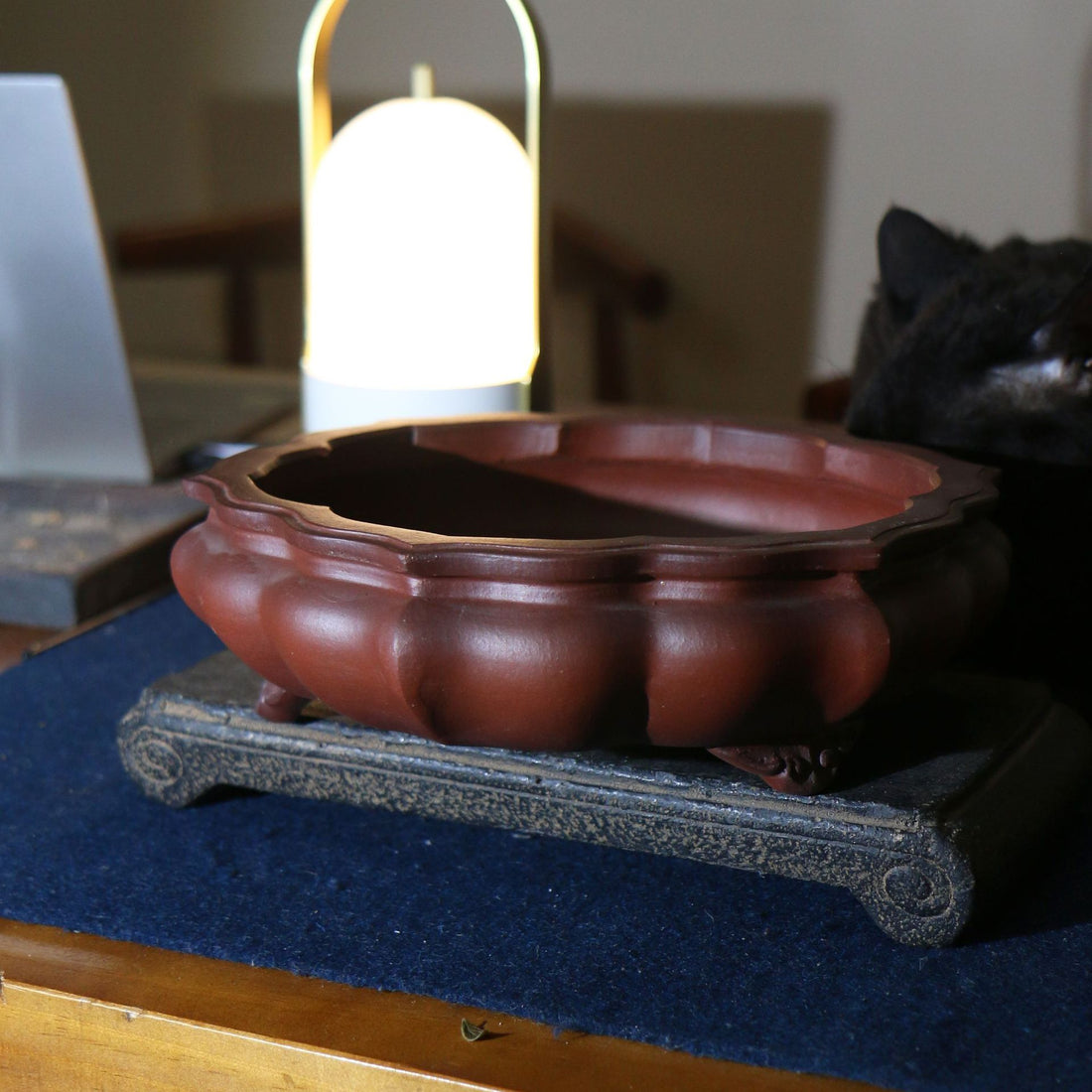 8" (20.5cm) Antique-Like Lotus Shaped Yixing Clay Bonsai Pot Corner View