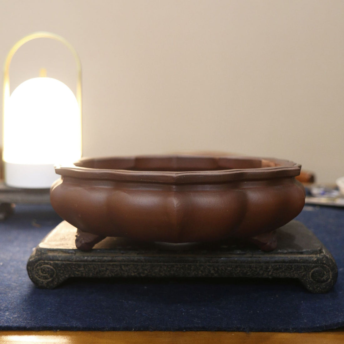 8" (20.5cm) Antique-Like Lotus Shaped Yixing Clay Bonsai Pot Side View