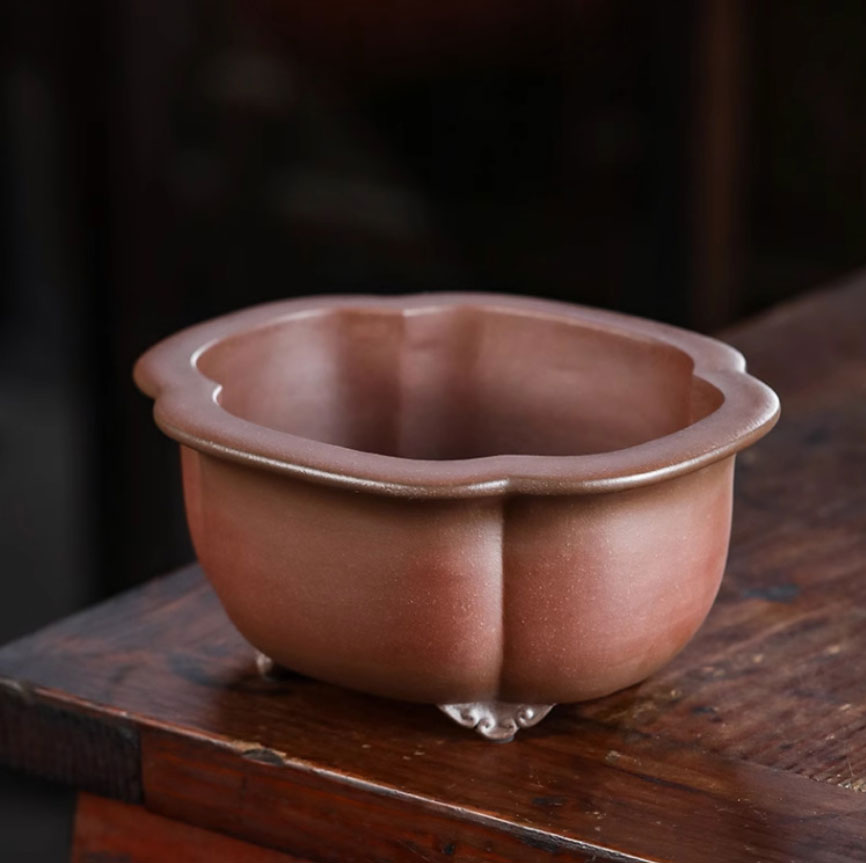8" (20.5cm) Lotus Shaped Premium Traditional Chinese Bonsai Pot Corner View