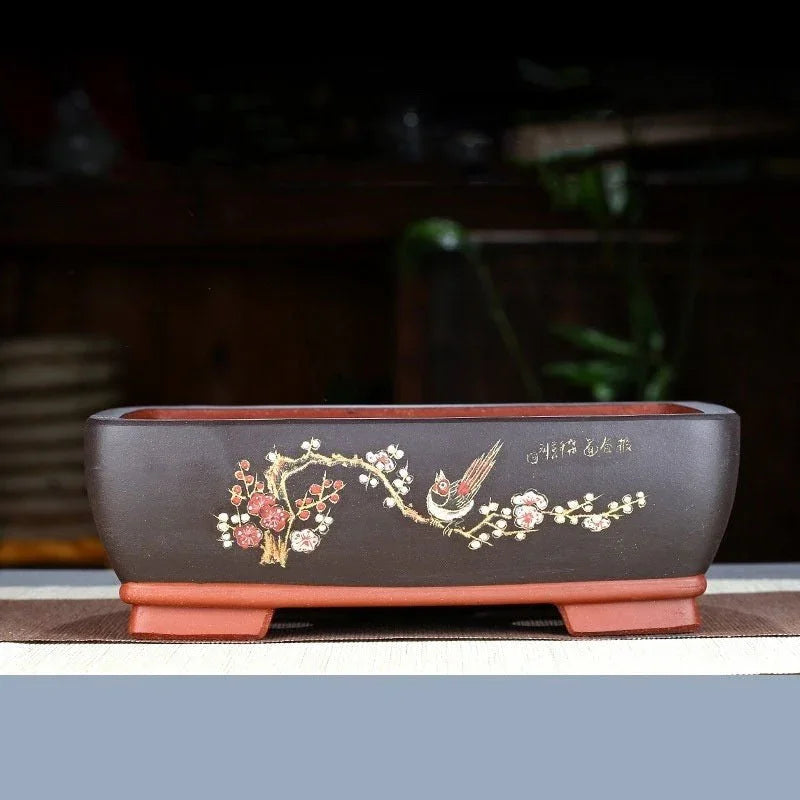 8" (20.5cm) Rectangular Hand-Carved Artistic Bonsai Pots w Bird & Floral Motif Black Color