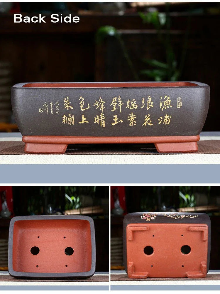 8" (20.5cm) Rectangular Hand-Carved Artistic Bonsai Pots w Bird & Floral Motif Black Color Back, Inner & Bottom View